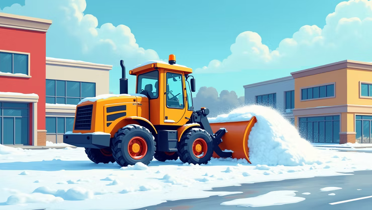 Cartoon image of heavy piece of equipment clearing snow from commercial lot.